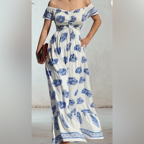 NWT Women’s Dress Day Saint Barth Blue & White Off The Shoulder Maxi Dress Sz L - Picture 1 of 16